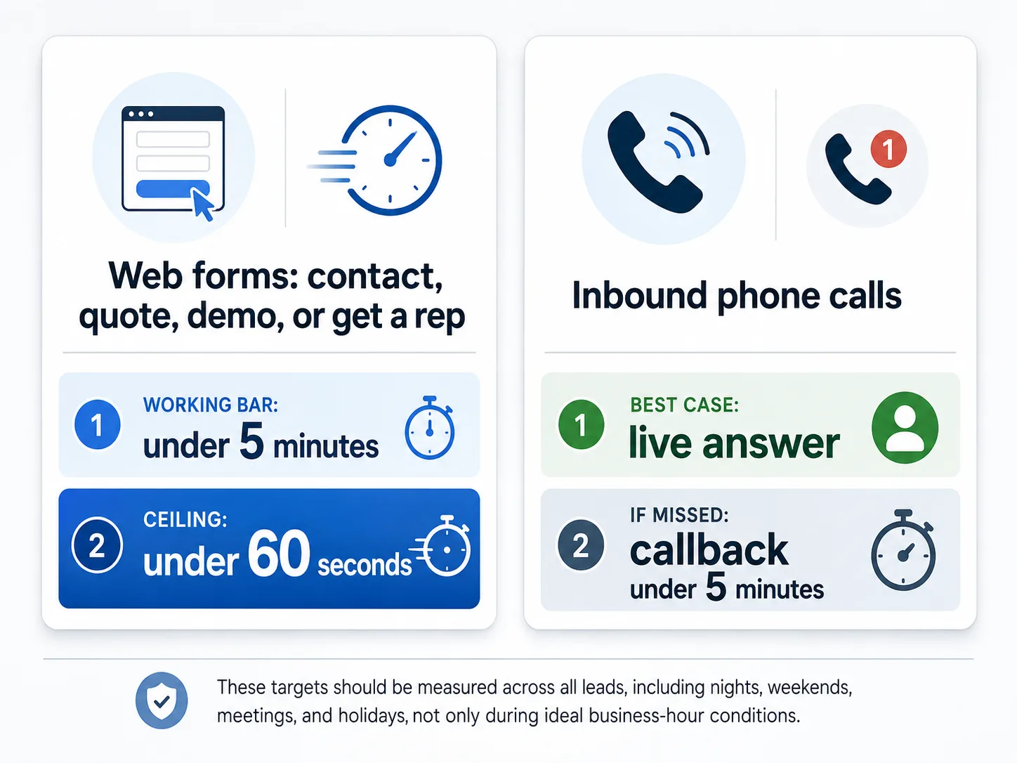 Two-card benchmark graphic showing practical speed-to-lead targets by inbound channel. The left card is labeled “Web forms: contact, quote, demo, or get a rep.” It shows “Working bar: under 5 minutes” and “Ceiling: under 60 seconds,” with a small form submission icon and a timer. The right card is labeled “Inbound phone calls.” It shows “Best case: live answer” and “If missed: callback under 5 minutes,” with a phone icon and a missed call notification. A footer note says these targets should be measured across all leads, including nights, weekends, meetings, and holidays, not only during ideal business-hour conditions.
